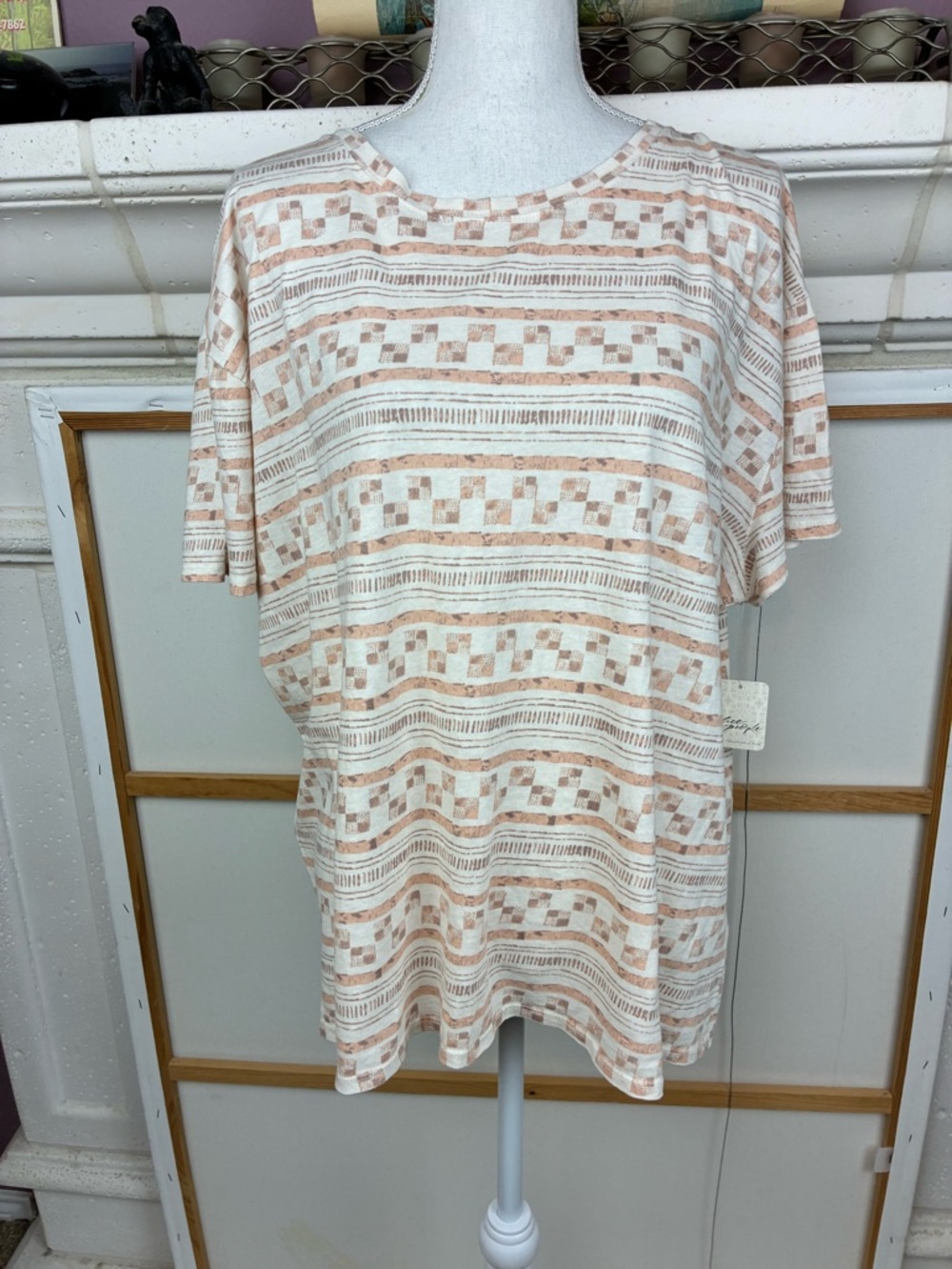Free People NWT Peachy Cream Taupe Striped Geo Short Sleeve Tee oversized